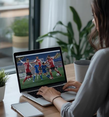 Managerin eines Frauenfussballvereins plant Marketingstrategien am Laptop mit geöffneten Instagram- und YouTube-Seiten.